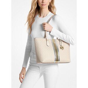 NEW Michael Kors Sheila Pale Gold Large Tote Purse Bag Leather & PVC Shoulder